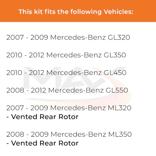 Image of Max Advanced Brakes Rear Brake Kit Compatible With 2010 2011 2012 Mercedes-Benz GL350 GL550 R350 ML320 ML350 R320 R500 Replacement Geomet Coated OE Disc Brake Rotors and Ceramic Brake Pads