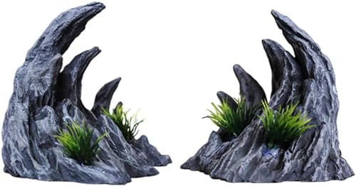 2個 アクアリウム オブジェ 岩 山 隠れ家 隠れ洞窟 シェルター シミュレーション造園 石築山 装飾品 水槽 オーナメント 置物 インテリア 装飾 (中)