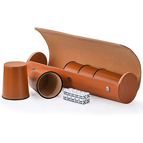 Party Games Leather Dice Cup Set, 5 Leather Dice Cups + 25 Dice + Exclusive Storage and Transport Case Made of Faux Leather with Magnetic Closure Cover