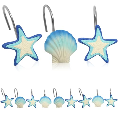 Ruvenis Starfish & Seashell Beach Shower Curtain Hooks Set of 12 Decorative Coastal Ocean Shower Hooks with Rust-Resistant Metal Rings