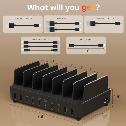 400W Charging Station for Multiple Devices,Dual PD 100W Multi USB C Charging Station with 8 Cable,10 Port Charger Station for MacBook iPhone iPad Laptop Cell Phone Android Tablet-Black - Image 7