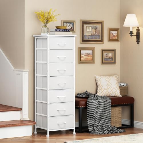 Fixwal White Tall Dresser for Bedroom, Storage Dresser Organizer with 7 Fabric Drawers, Nightstand Furniture in Closet, Entryway, Hallway