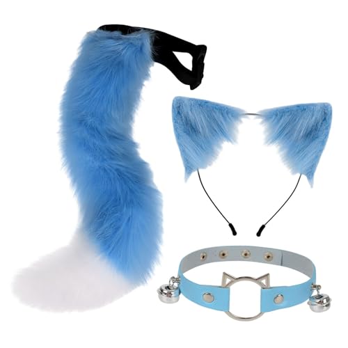 Oreilles et queue de chat cosplay bleu blanc pour déguisement