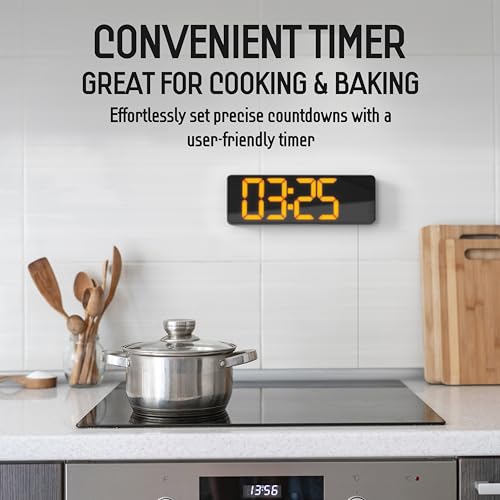 Image of Opis Clock 1 (XL 13'' Orange & White): The Colorful Retro Rectangular Digital Wall Clock, Digital Clock Wall, Digital Clock: Date and Day of Week, Wall Clock with Temperature, Timer and Counter