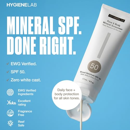 Image of HygieneLab Mineral Sunscreen SPF 50 - Invisible Sheer Finish, Rated Excellent on Yuka, Zinc Oxide, Broad Spectrum UVA /UVB Protection, Reef Safe, Aloe Vera & Shea Butter Hydration (Large 6 oz)