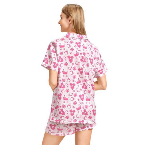 Image of Funny Pajamas for Women Set Print Satin Loungewear Pjs Short Sleeve Button Down Top and Shorts Sets Sleepwear XS-3XL