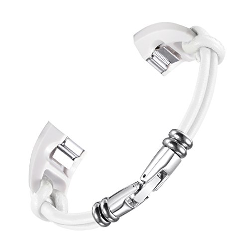 bayite Leather Bands Compatible with Fitbit Alta and Alta HR, Metal Clasp Leather Cord Wristband, (White, 5.5