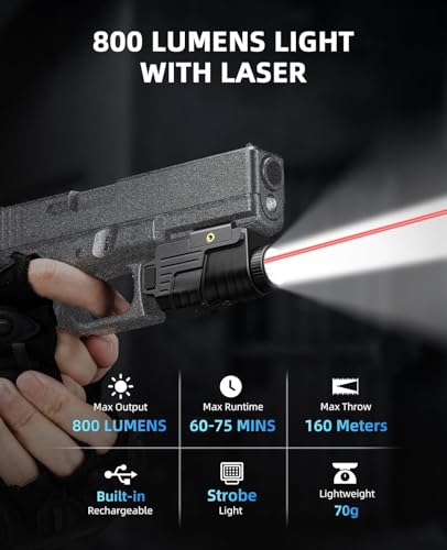 Image of EZshoot 800 Lumens Pistol Light Laser Combo Rechargeable, Pistol Flashlight with Slidable Rail Compatible with Glock and Picatinny Rail, Gun Light with Red Laser Beam