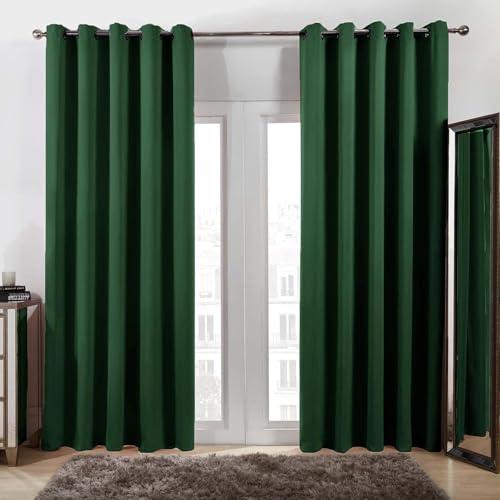 Eyelet Blackout Curtains 200 x 240 cm Thermal Insulated Energy Saving Super Soft Privacy Curtain Drapes Pencil Pleat Thermal Curtains 2 Panels for Window Home, Dark Green