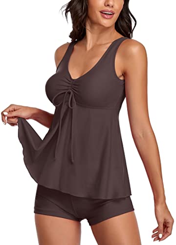 Image of Modest Tankini Swimsuits for Women Two Piece Bathing Suits Floral Print Tank Top with Boyshorts Tummy Control Swimming Suits