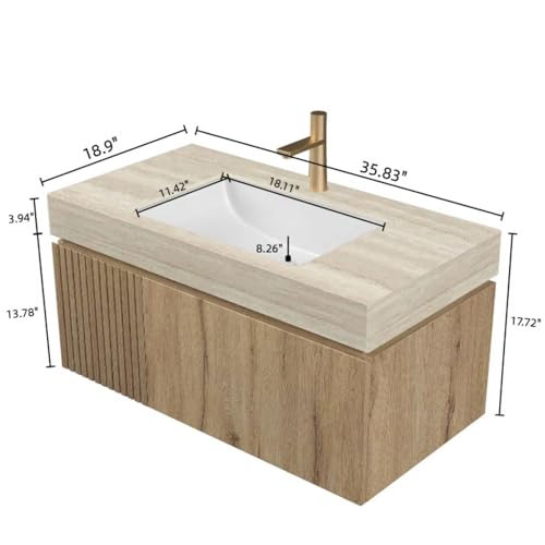 Image of 36 inch Bathroom Vanity with Sink, Wall-Mounted Plywood Bathroom Storage Cabinet with Ceramic Basin & Sintered Stone Countertop, Modern Pre-Assembled Floating Vanity with Drawer & Door, Oak