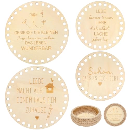 4 Stück Korbboden zum Häkeln Set, Holzboden für Häkelkorb, Häkelboden Holz, Naturholzkorbboden, Häkeln für Anfänger, Häkelkorb für DIY Korbflechten Basteln, Durchmesser 10 / 20cm Rund