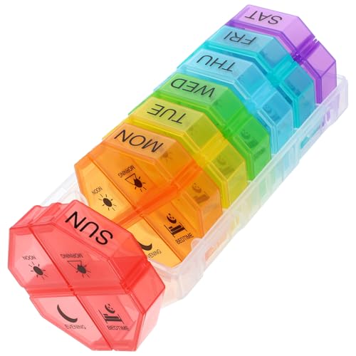 Anneome Pastillero Semanal con Días y Compartimentos Diarios Organizador de Viaje Compacto y Ligero Caja Transparente Colores para Vitaminas y Medicamentos Tapa Segura Derrames