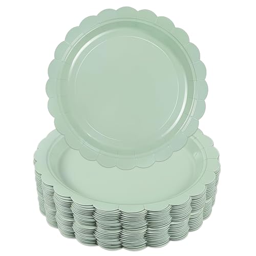 Lytonix 30 Pièces Vert Sauge Assiette pour Fête Anniversaire, 23cm/9in Assiettes de Fête en Papier, Vert Sauge Papier Assiette Dessert, Assiettes Carton...