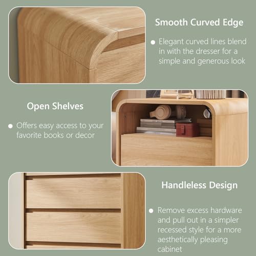 Image of Aitjunz 25 inch Tall Modern Nightstand Set of 2, 23.6'' Wide Wood Bedside Table w /2 Storage Drawers, Charging Station, Mid Century End Table for Bedroom, Living Room,Curved Profile Design, Natural Oak