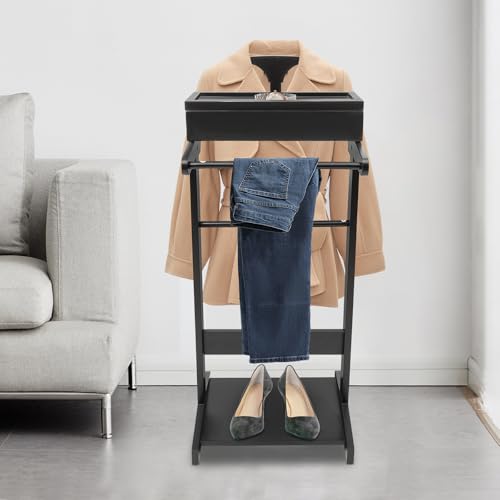 Clothes Valet Stand Holder for Men Suit Coat Rack Hanger Stand, Suit Valet Stand for Men and Women, Wood Clothes Stand with Top Tray and Storage Organizer, Clothes Trouser Bar Rack (Black)