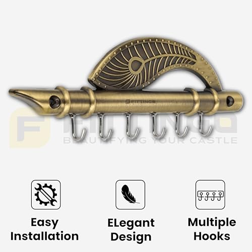 Image of Wall Key Holder Krishna Flute & Peacock Quills /Wall Key Hanging Stand /Keys Rack Hook, /Home Decor Gift Key Holder Hook for Keys /Stand /Hanger /Wall Mounted -6 Hooks -Brass Antique