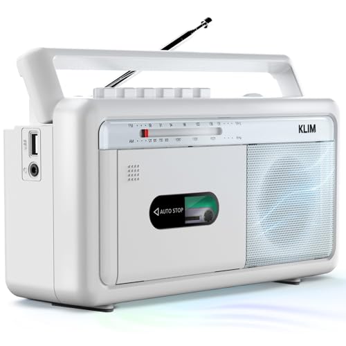 KLIM Tragbare Kassettenspieler Boombox, AM/FM Radio, Bluetooth Radio, Cassette Player & Kassettenrecorder, USB, Lautsprecher, Kopfhöreranschluss, Batteriebetrieb & Netzbetrieb - Frostweiß