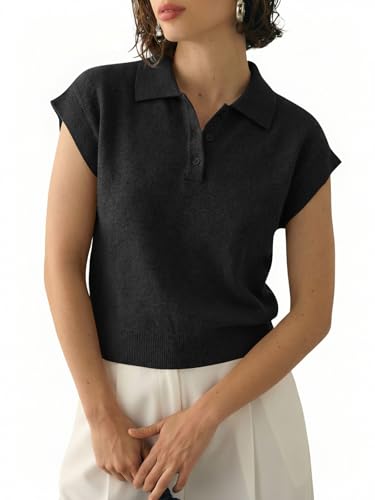Image of Saodimallsu Womens Cap Short Sleeve Sweater Top Summer Polo Shirts Button Collared Knit Business Casual Pullover Sweater