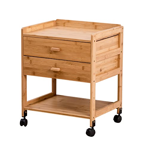 ARTALL Mesita de Noche Bambú, Mesa Auxiliar con 2 Cajones, Bordes Lisos y Redondeados, Ruedas Extraíbles y Bloqueables, Mesita de Noche para Sala de Estar, Dormitorio, Natural Cover