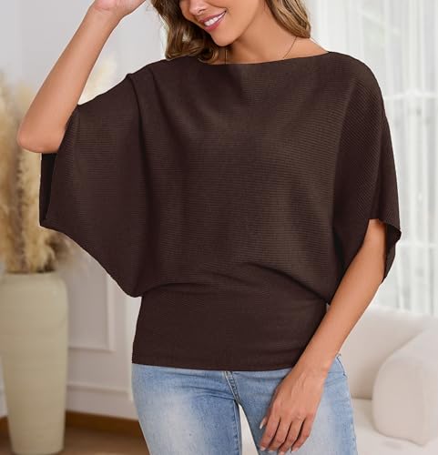 Image of MAKARTHY Womens Batwing Sleeves Knitted Dolman Pullovers Boat Neck Tops Sweatershirts
