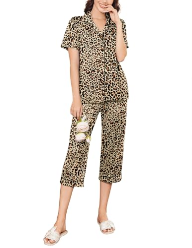 Image of Ekouaer Capri Pajamas for Women Short Sleeve Button Down Sleepwear Comfy Lounge Set 2-Piece Pants Pjs | Capri Pants With Pockets,Chest Pocket,Notch Collar,Contrast Pipings,Sleepwear For Home Loungwear,Wedding,Party&Breastfeeding