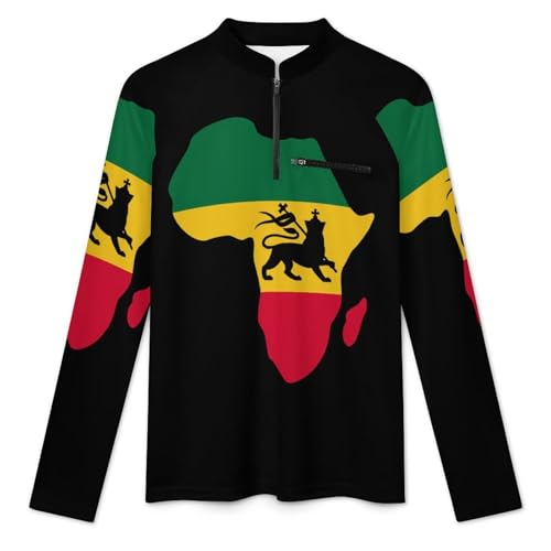 Map of Africa and Lion Rastafarian Flag Men's Rash Guard Long Sleeves Quick Dry Fishing Workout Shirts with Zipper3