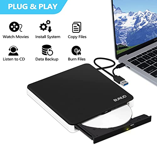 Image of BUNUD External CD DVD Drive: CD Burner Reader Writer SuperDrive with USB 3.0 & Type C Port and TF /SD Slots - Plug & Play DVD Player for Laptop PC Mac Windows 11 Linux