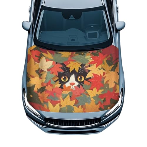 Image of Car Hood Cover Protector,Soft Universal Easy to Clean Breathable Print Stylish Hood Covers for Cars,Decoration Car Accessories Black Cat Maple Leaf