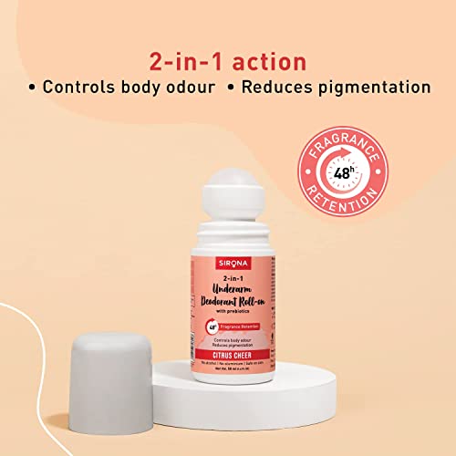 Image of Sirona Underarm Roll On -50 ml (Pack of 1) | with 0.5% Prebiotic, 0.5% Niacinamide & 0.1% Hyaluronic Acid | Prevents Body Odour & Exfoliates Underarms | Lemon Fragrance | Alcohol & Aluminium Free