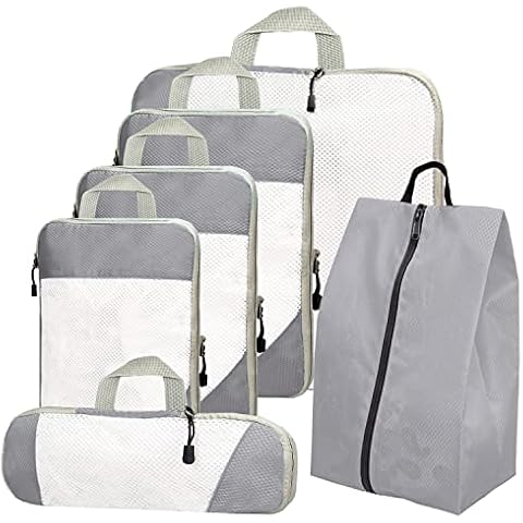 6 Set Compression Packing Cubes for Travel Suitcases Mesh Extensible Luggage Storage Organizers Laundry Shoe Bags(6PCS Grey) Cover