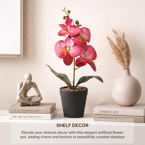 Image of Habere India-All the Cultures Fabricating India Red Orchid Artificial Plant with Pot for Home Decor | Small Fake Plant for Living Room & Indoor Decoration (Design05: L9 x W9 x H32 cm)