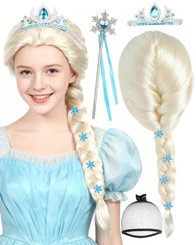 ANOGOL 3PCS Princess Wig Set Long Blonde Braided Wigs Cosplay Silver Wig