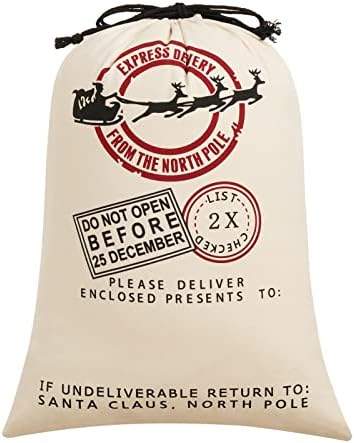 HBlife Canvas Santa Sack, 19.7 X 27.6 Inch Large Santa Bags for Gifts, Personalized Christmas Sacks for Presents with Drawstring, Style 3