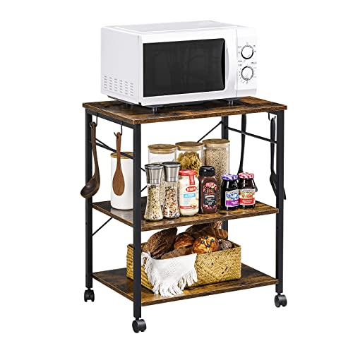 Bennio Brenny Bäcker Rack, Küche Mikrowelle Wagen, Coffee Bar Tisch Station, 3-Tier Küche Utility Aufbewahrungsregal mit Rollen Kaffeewagen Küche Mikrowelle Stand mit 4-Haken, rustikal braun Cover