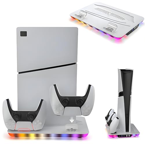 NCONCO PS5 Kühler Ständer, PS5/PS5 Slim/PS5 Pro Wandhalterung mit 3 stufig Lüfter und Dual Controller Ladestation, Multifunktionale PS5 Slim-Kühlstation mit RGB Licht für PlayStation 5