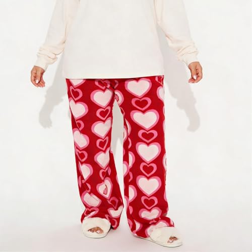 Image of Valentine's Day Flannel Pants Women's Romantic Heart Print Elastic Drawstring Waistband Wide Leg Loose Fit Trousers