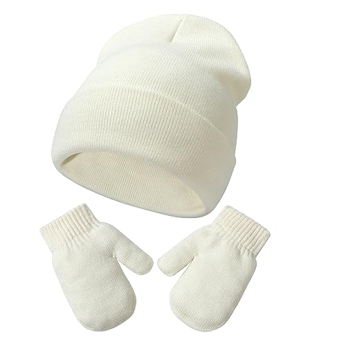 Image of Baby Beanie Hat Gloves Set, Kids Winter Warm Knit Hat with glvoes,Toddler Soft Beanie for Little Boys Little Girls Children