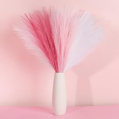 SeptCat 30 Pcs Pink White Pampas Grass Decor: 21.7' Fluffy Faux Small Pampas Grass Artificial Flower Vase Filler for Home Wedding Living Room Wall Party Decoration