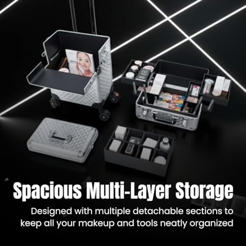 Image of FOLELLO 3-in-1 Marvel Rolling Professional Multifunctional Makeup Travel Vanity Case | Aluminum Trolley Vanity Salon Station (Diamond Cut- Silver)