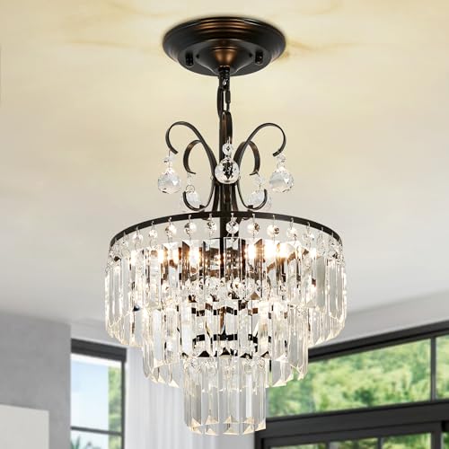 XPEHK Black Crystal Chandeliers,3-Lights Modern Crystal Chandelier for Dining Room,3 Tiers Small Chandeliers for Living Room Bedroom Kitchen Entryway G9 Base