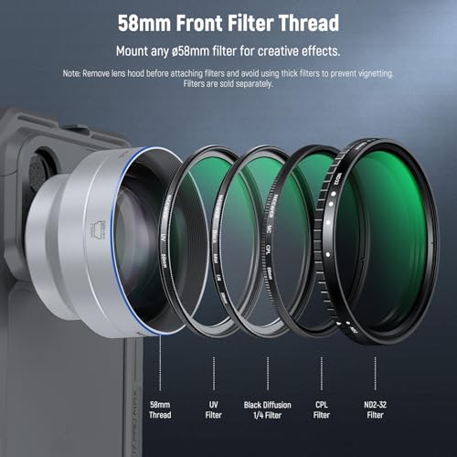 Image of NEEWER 65mm HD Telephoto Phone Camera Lens with Hood (Silver), 1.7X Zoom Lens Attachment for 17mm Thread Backplate, Phone Cage & Case Compatible with iPhone Android, LS-66