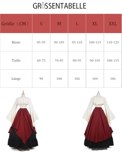 Fiamll Renaissance Kleid Damen Mittelalter Kleidung Damen Kostüme Fasching Kleid Set Rot XXL(Top und Rock)