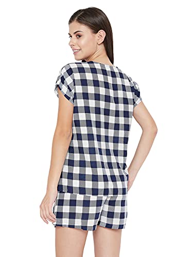 Image of Clovia Women's Crepe Classy Checks Button Down Shirt & Shorts Set - Blue