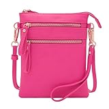 Solene Women's Faux Leather Organizer Multi Zipper Pockets Handbag With Detachable Wristlet Crossbody Bag-WU002(Fuchsia)