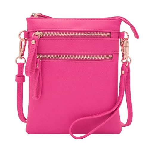 Solene Womens Faux Leather Organizer Multi Zipper Pockets Handbag With Detachable Wristlet Crossbody Bag-WU002(Fuchsia)
