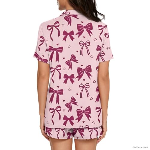 Image of Renewold Button Down Womens Pajama Set Short Sleeve Loungewear Bow Nightwear Sleepwear Night Suit Tops Shorts 2 Pieces
