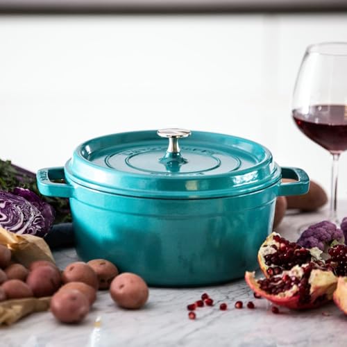 Image of STAUB Cast Iron Round Cocotte, Dutch Oven, 4-quart, serves 3-4, Made in France, Turquoise