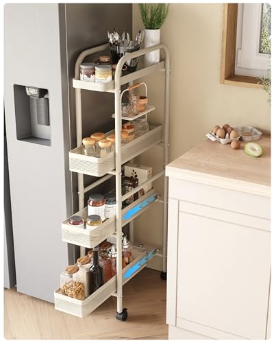 UMDONX Métallique Chariot de Cuisine étroit avec Tiroirs Coulissants,4 Niveaux étagère Roulette Etroite,Chariot de Service à roulettes,Chariots de...