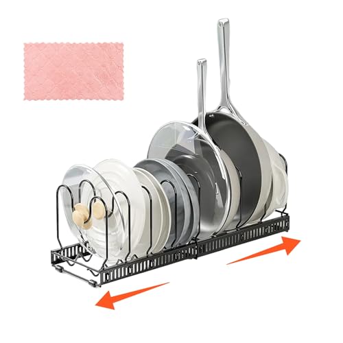 Expandable Pan Organiser Rack for Cupboard with 10 Dividers Expandable Pot Lid Rack, Adjustable Pans Organiser witn Compartments, Chopping Board Holder, with Cleaning Cloth, Black